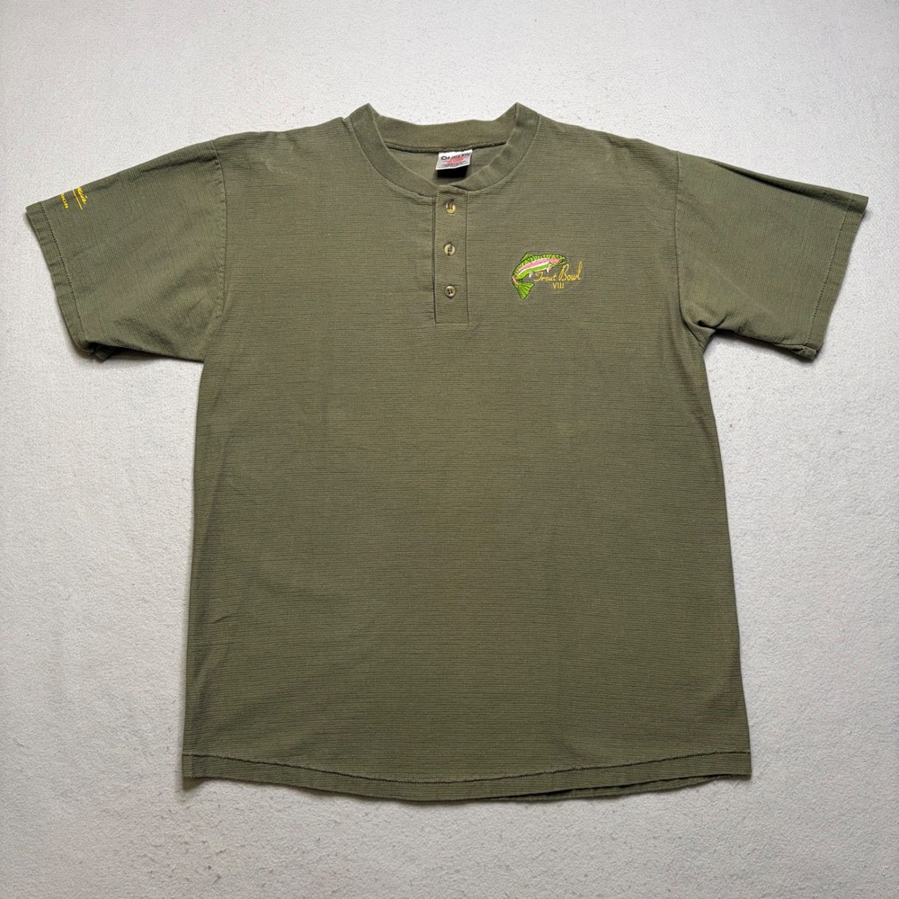 Oneita Henley Shirt Mens XL Green Vintage 90s Trout Bowl VIII Embroidered USA